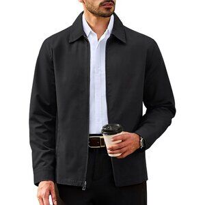 Men's Zip Up Turndown Collar Casual 3 Pockets Black Cotton Lightweight Jacket